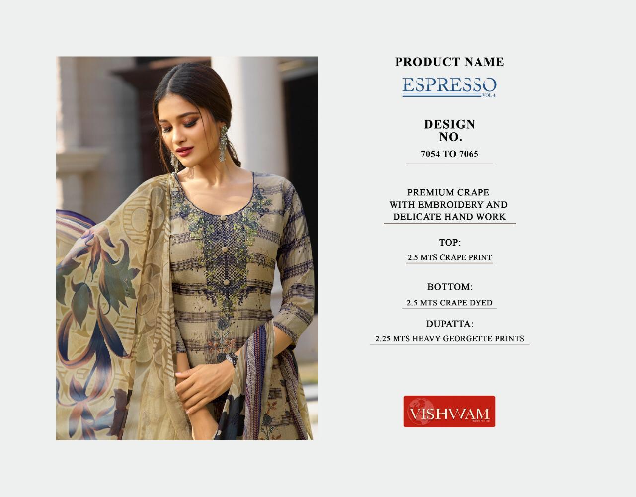 Espresso Vol-4 By Vishvam Fabrics 7054 To 7065 Series Pakistani Suits Beautiful Stylish Fancy Colorful Designer Party Wear & Ethnic Wear Premium Crepe Printed Dresses At Wholesale Price