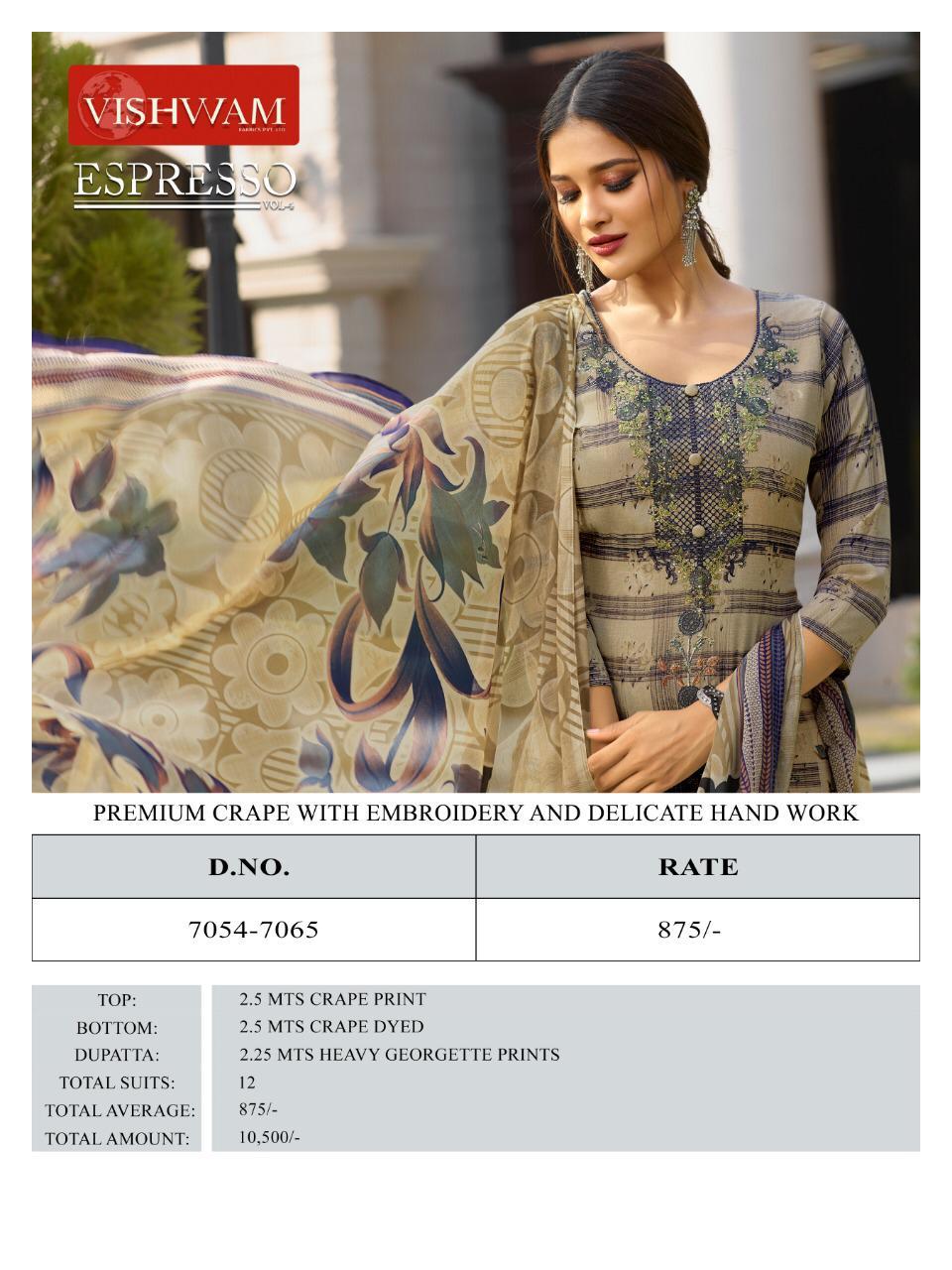 Espresso Vol-4 By Vishvam Fabrics 7054 To 7065 Series Pakistani Suits Beautiful Stylish Fancy Colorful Designer Party Wear & Ethnic Wear Premium Crepe Printed Dresses At Wholesale Price