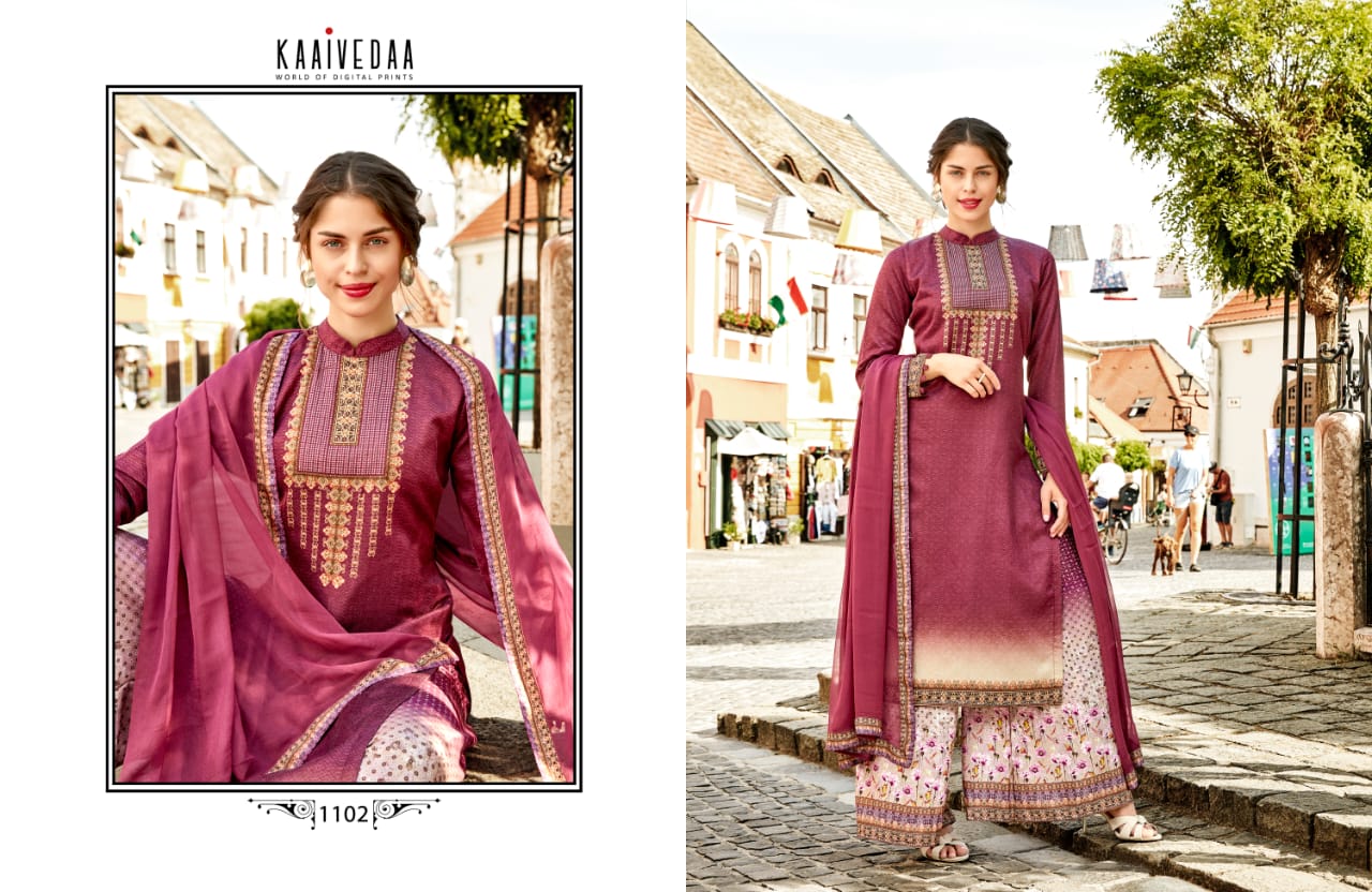 Eternal By Kaaivedda 1101 To 1108 Series Designer Festive Suits Collection Beautiful Stylish Fancy Colorful Party Wear & Occasional Wear Jam Satin With Sarvoski Work Dresses At Wholesale Price