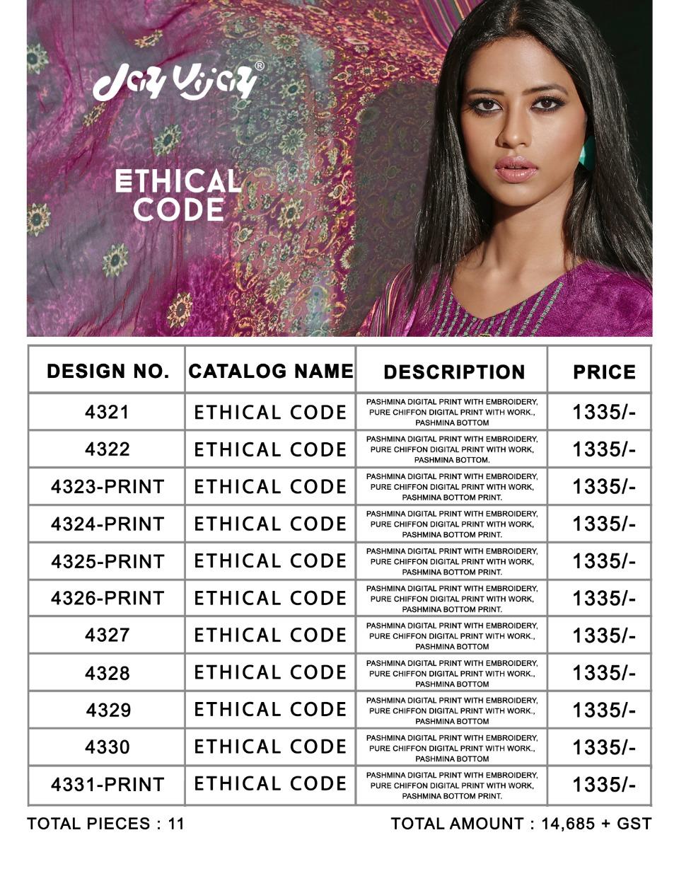 Ethical Code By Jay Vijay Prints 4321 To 4331 Series Beautiful Pashmina Suits Stylish Fancy Colorful Winter Wear & Ethnic Wear Pure Pashmina Embroidered Dresses At Wholesale Price