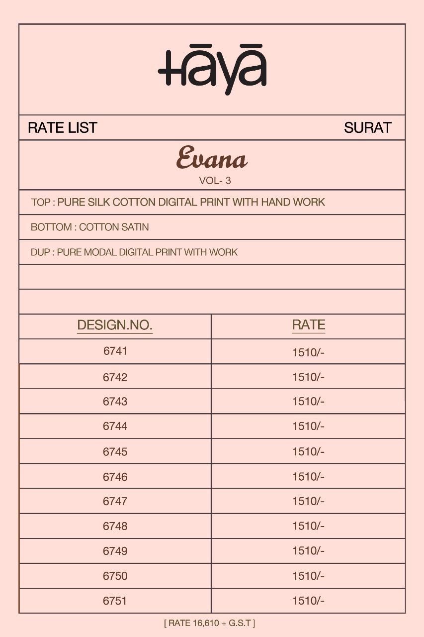 Evana Vol-3 By Haya 6741 To 6751 Series Beautiful Stylish Fancy Colorful Party Wear & Ethnic Wear Collection Cotton Silk Digital Print With Work Dresses At Wholesale Price