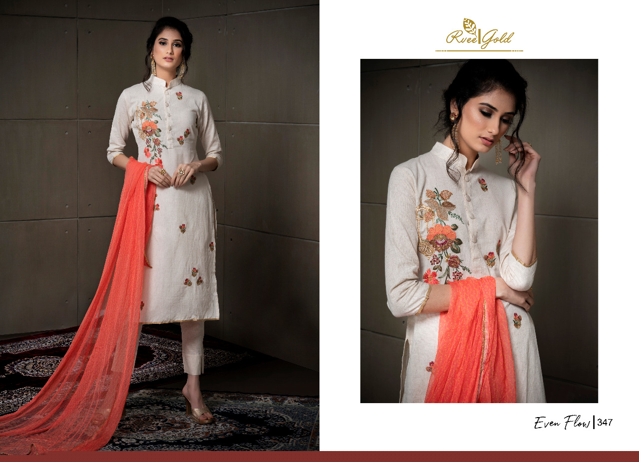 Even Flow By Rvee Gold 347 To 354 Series Beautiful Suits Colorful Stylish Fancy Casual Wear & Ethnic Wear Linen Cotton With Embroidery Dresses At Wholesale Price