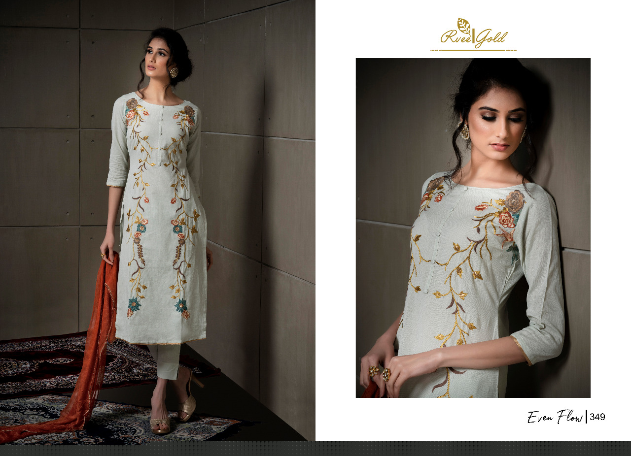 Even Flow By Rvee Gold 347 To 354 Series Beautiful Suits Colorful Stylish Fancy Casual Wear & Ethnic Wear Linen Cotton With Embroidery Dresses At Wholesale Price