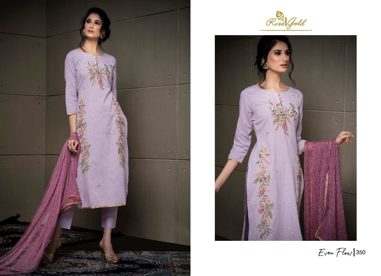 Even Flow By Rvee Gold 347 To 354 Series Beautiful Suits Colorful Stylish Fancy Casual Wear & Ethnic Wear Linen Cotton With Embroidery Dresses At Wholesale Price