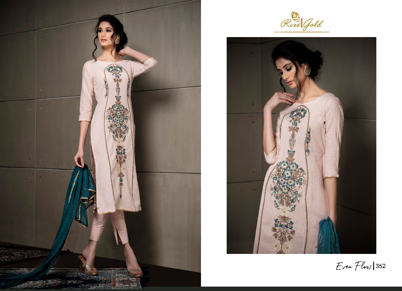 Even Flow By Rvee Gold 347 To 354 Series Beautiful Suits Colorful Stylish Fancy Casual Wear & Ethnic Wear Linen Cotton With Embroidery Dresses At Wholesale Price