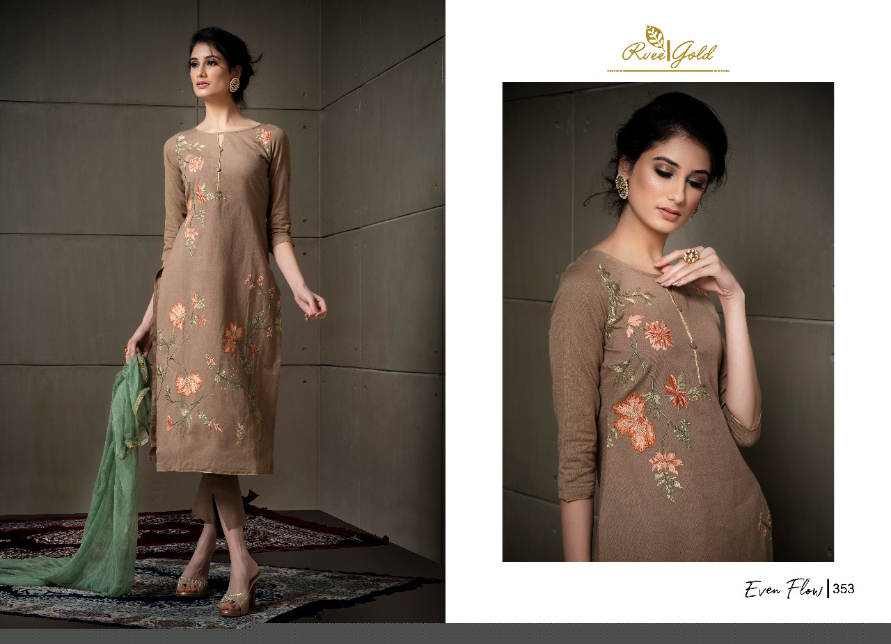 Even Flow By Rvee Gold 347 To 354 Series Beautiful Suits Colorful Stylish Fancy Casual Wear & Ethnic Wear Linen Cotton With Embroidery Dresses At Wholesale Price