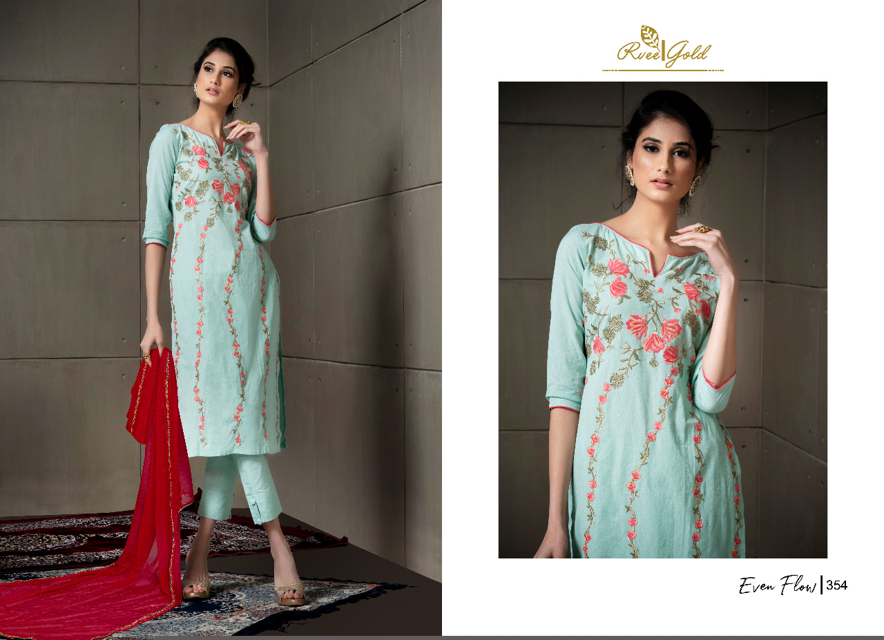 Even Flow By Rvee Gold 347 To 354 Series Beautiful Suits Colorful Stylish Fancy Casual Wear & Ethnic Wear Linen Cotton With Embroidery Dresses At Wholesale Price