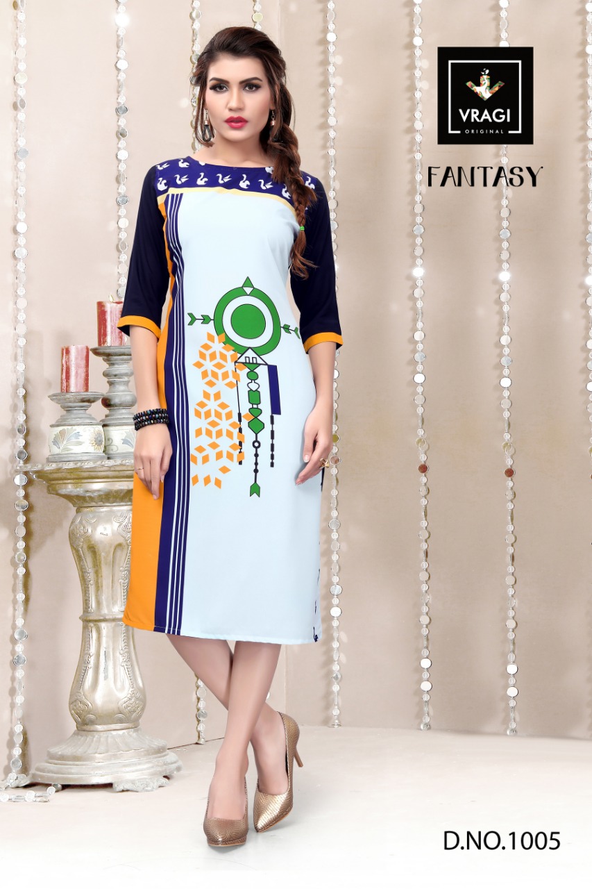 Fantasy By Vragi 1001 To 1008 Series Beautiful Colorful Stylish Fancy Casual Wear & Ethnic Wear & Ready To Wear Royal Crepe Digital Printed Kurtis At Wholesale Price