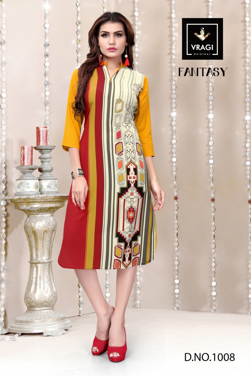 Fantasy By Vragi 1001 To 1008 Series Beautiful Colorful Stylish Fancy Casual Wear & Ethnic Wear & Ready To Wear Royal Crepe Digital Printed Kurtis At Wholesale Price