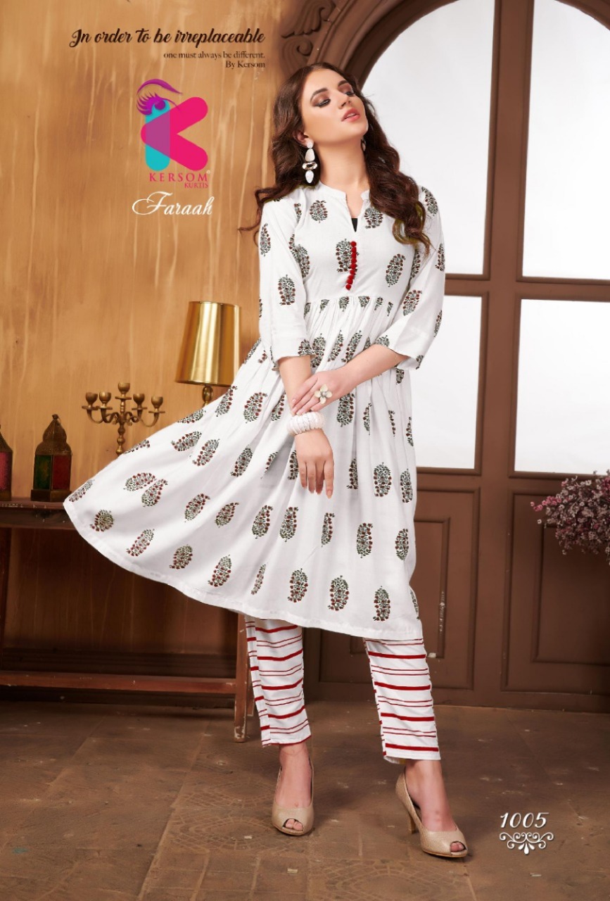 Faraah By Kersom 1001 To 1008 Series Beautiful Stylish Fancy Colorful Casual Wear & Ethnic Wear & Ready To Wear Heavy Printed Rayon Kurtis At Wholesale Price