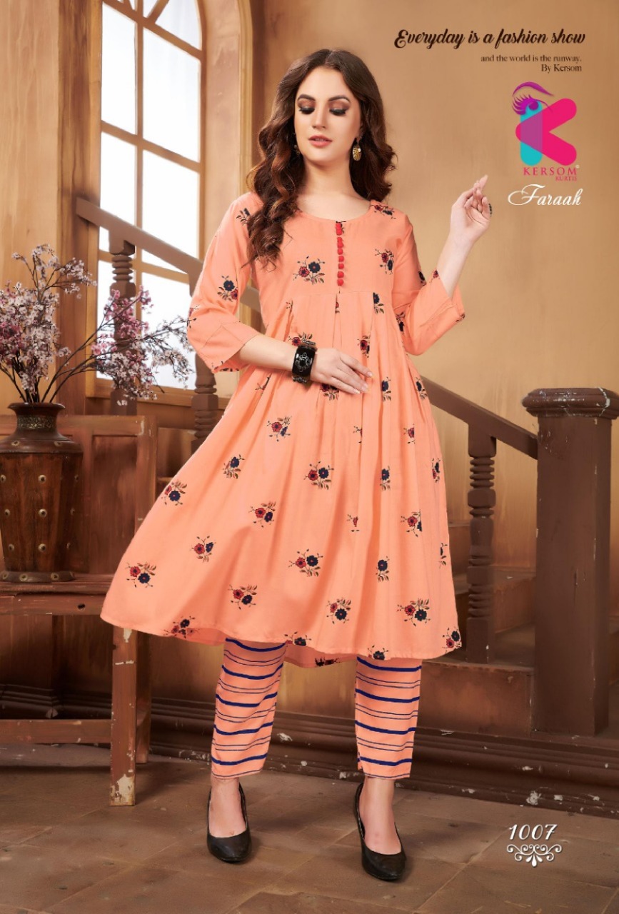 Faraah By Kersom 1001 To 1008 Series Beautiful Stylish Fancy Colorful Casual Wear & Ethnic Wear & Ready To Wear Heavy Printed Rayon Kurtis At Wholesale Price