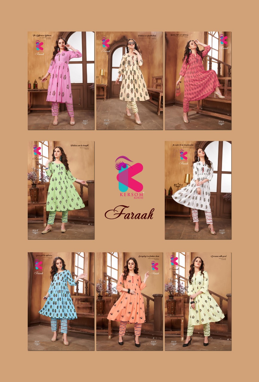 Faraah By Kersom 1001 To 1008 Series Beautiful Stylish Fancy Colorful Casual Wear & Ethnic Wear & Ready To Wear Heavy Printed Rayon Kurtis At Wholesale Price