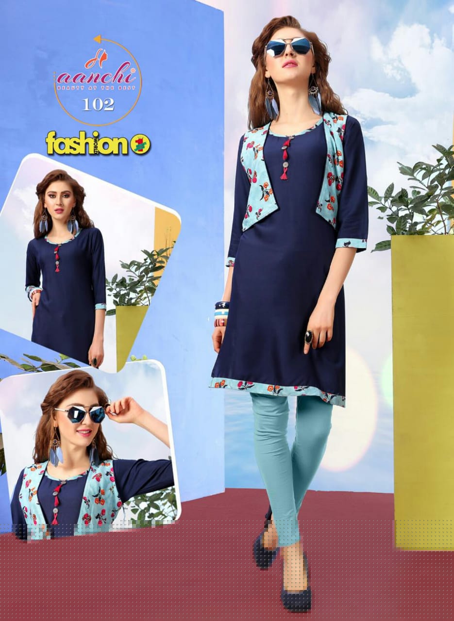 Fashion By Aanchi 101 To 108 Series Stylish Fancy Beautiful Colorful Casual Wear & Ethnic Wear Heavy Rayon Printed Kurtis With Koti At Wholesale Price