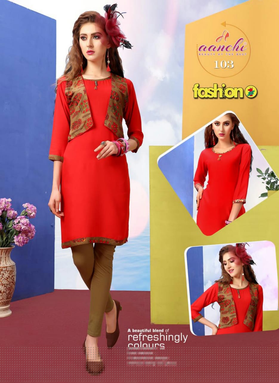 Fashion By Aanchi 101 To 108 Series Stylish Fancy Beautiful Colorful Casual Wear & Ethnic Wear Heavy Rayon Printed Kurtis With Koti At Wholesale Price