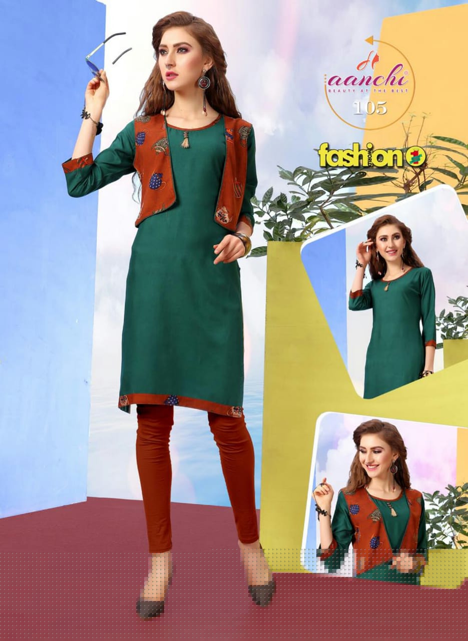 Fashion By Aanchi 101 To 108 Series Stylish Fancy Beautiful Colorful Casual Wear & Ethnic Wear Heavy Rayon Printed Kurtis With Koti At Wholesale Price