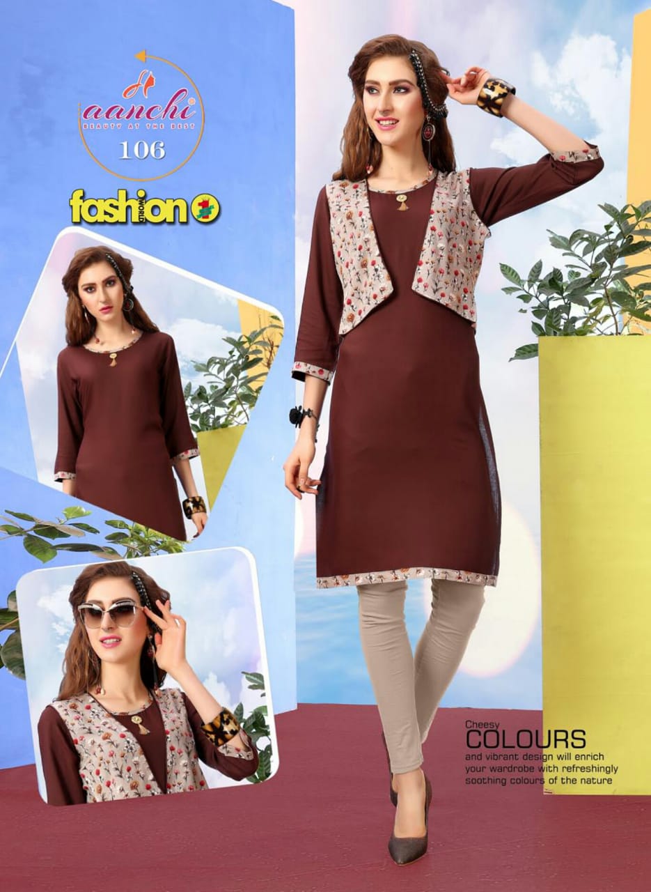 Fashion By Aanchi 101 To 108 Series Stylish Fancy Beautiful Colorful Casual Wear & Ethnic Wear Heavy Rayon Printed Kurtis With Koti At Wholesale Price
