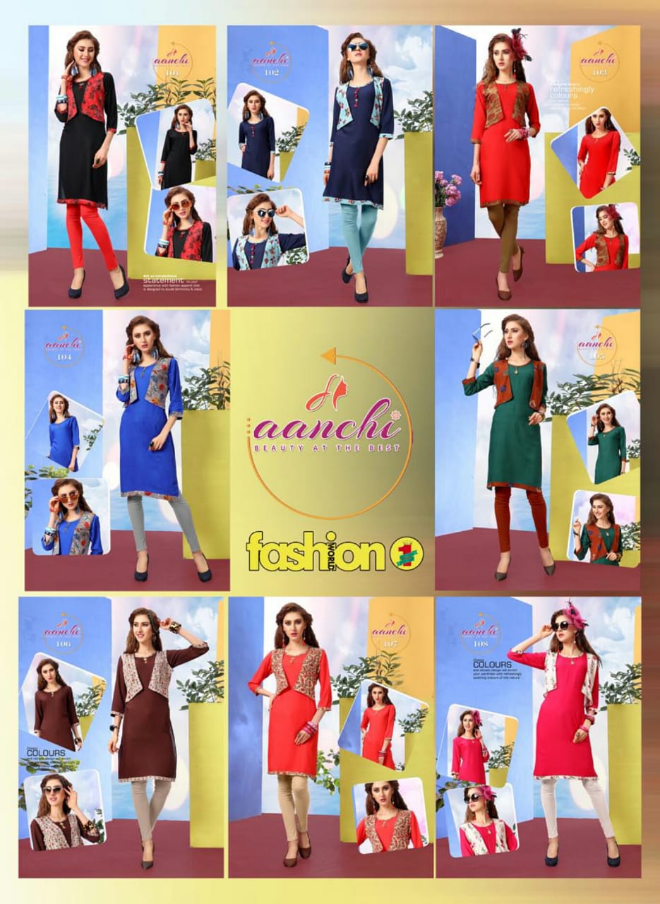 Fashion By Aanchi 101 To 108 Series Stylish Fancy Beautiful Colorful Casual Wear & Ethnic Wear Heavy Rayon Printed Kurtis With Koti At Wholesale Price