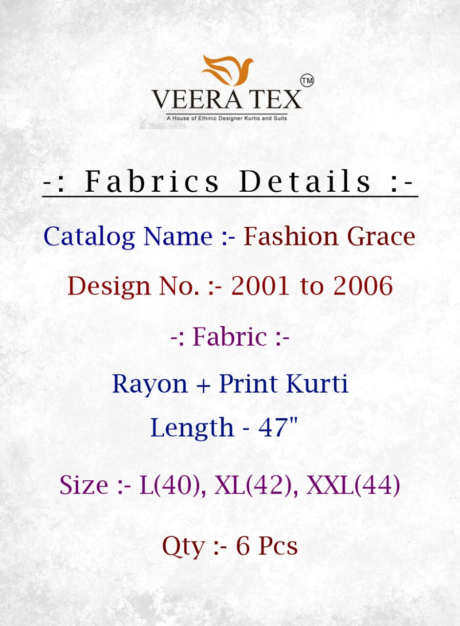 Fashion Grace By Veera Tex 1001 To 1006 Series Stylish Colorful Fancy Beautiful Party Wear & Ethnic Wear Rayon Printed Kurtis At Wholesale Price