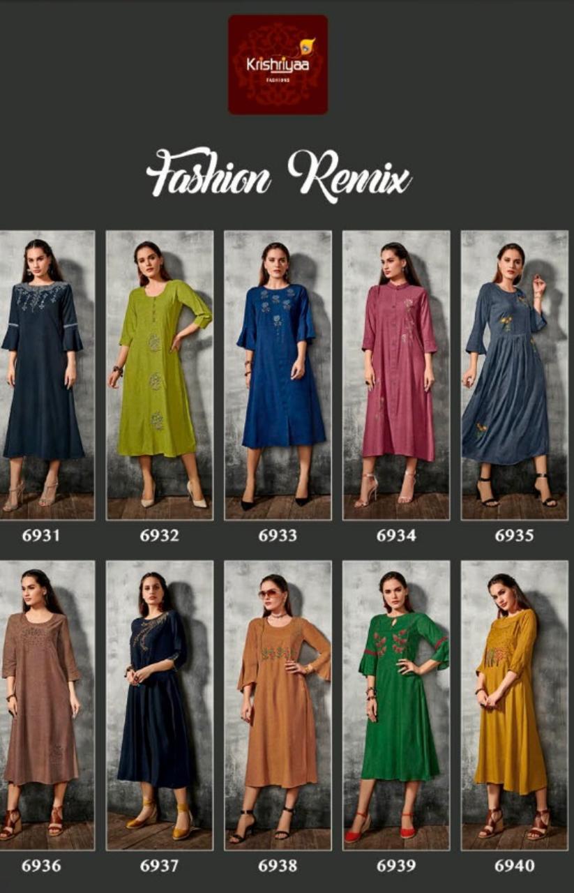 Fashion Remix By Krishriyaa 6931 To 6940 Series Beautiful Stylish Fancy Colorful Casual Wear & Ethnic Wear & Ready To Wear Viscose Slub Kurtis At Wholesale Price