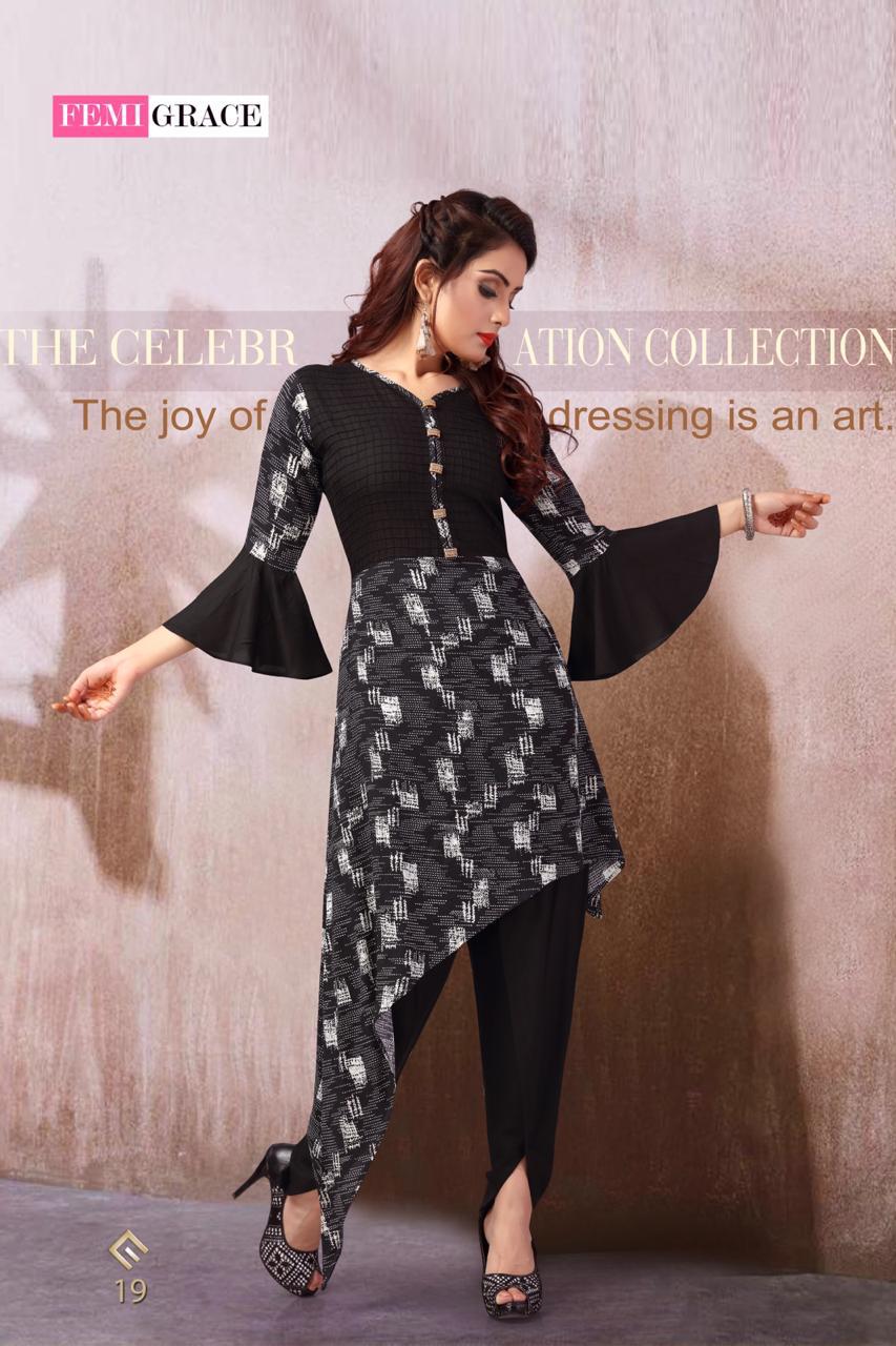 Femi Grace Vol-4 By Madhuram Textile 19 To 24 Series Beautiful Colorful Stylish Fancy Casual Wear & Ethnic Wear & Ready To Wear Rayon Printed Kurtis At Wholesale Price