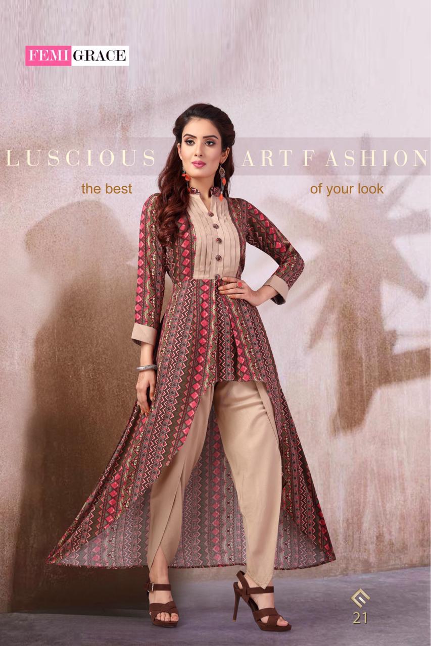 Femi Grace Vol-4 By Madhuram Textile 19 To 24 Series Beautiful Colorful Stylish Fancy Casual Wear & Ethnic Wear & Ready To Wear Rayon Printed Kurtis At Wholesale Price