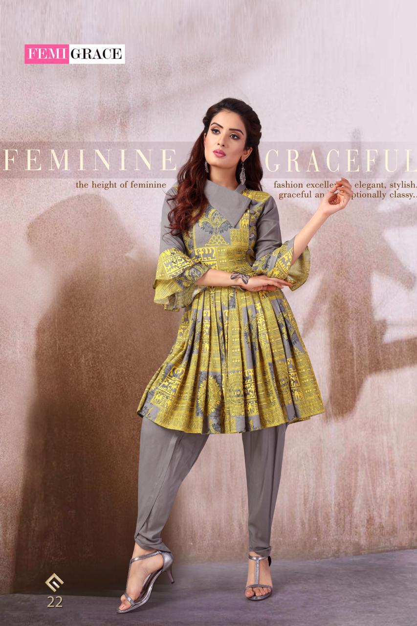 Femi Grace Vol-4 By Madhuram Textile 19 To 24 Series Beautiful Colorful Stylish Fancy Casual Wear & Ethnic Wear & Ready To Wear Rayon Printed Kurtis At Wholesale Price