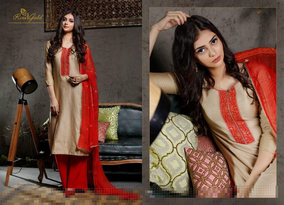 Festive Crush-khwaish By Rvee Gold Beautiful Suits Colorful Stylish Fancy Casual Wear & Ethnic Wear Jam Satin With Work Dresses At Wholesale Price