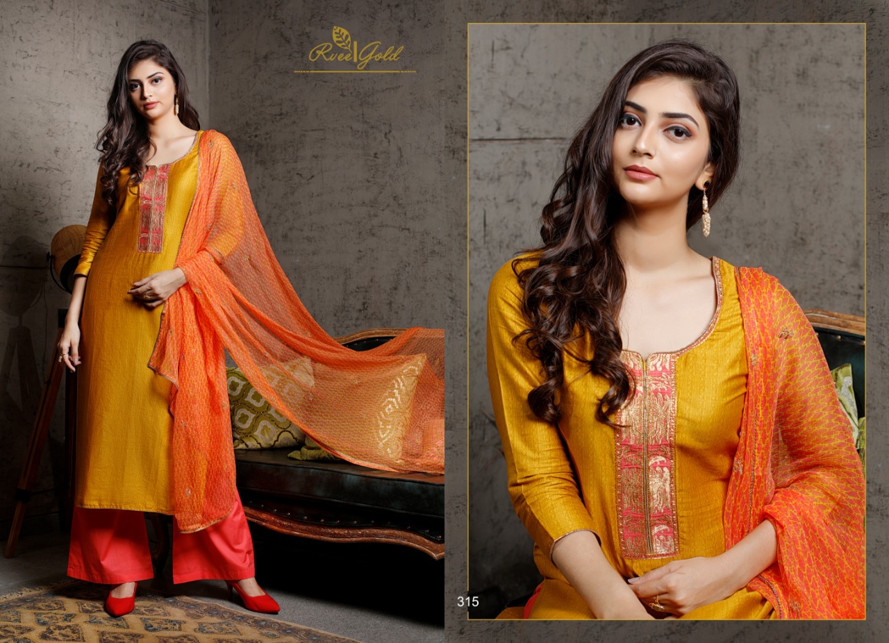 Festive Crush By Rvee Gold 314 To 321 Series Beautiful Suits Colorful Stylish Fancy Casual Wear & Ethnic Wear Jam Satin With Work Dresses At Wholesale Price