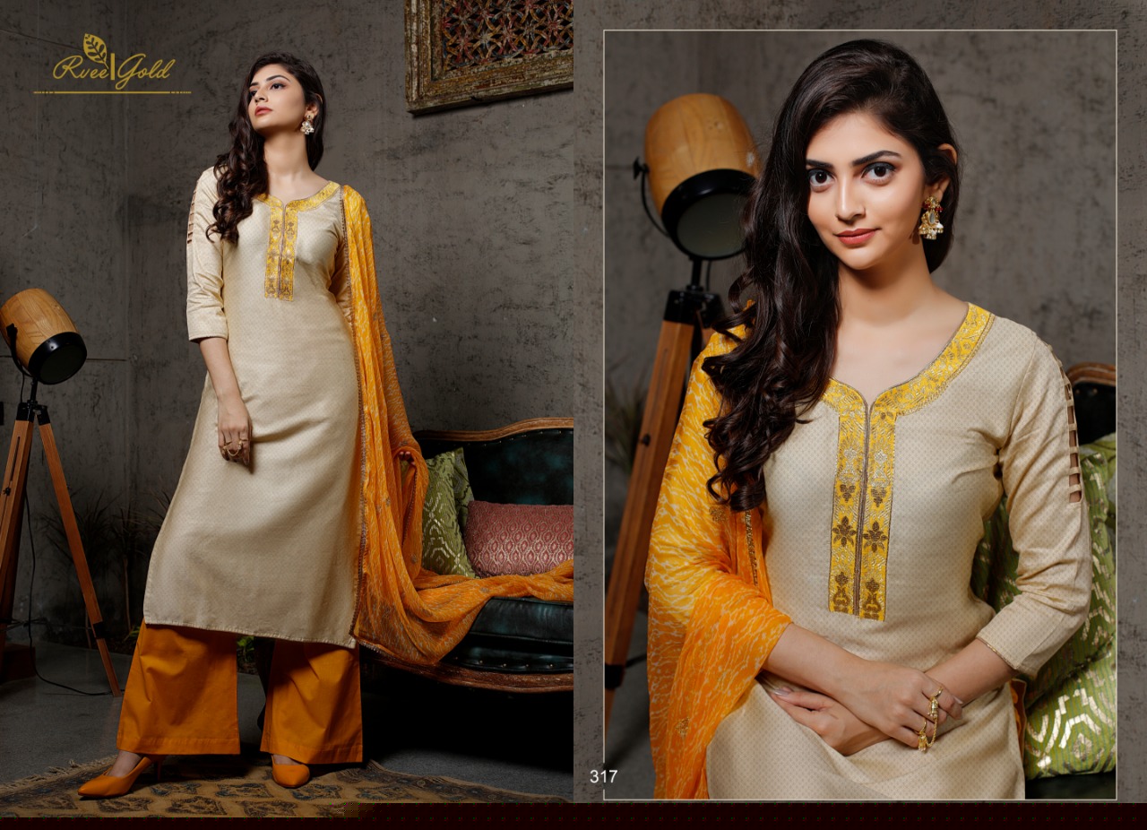 Festive Crush By Rvee Gold 314 To 321 Series Beautiful Suits Colorful Stylish Fancy Casual Wear & Ethnic Wear Jam Satin With Work Dresses At Wholesale Price