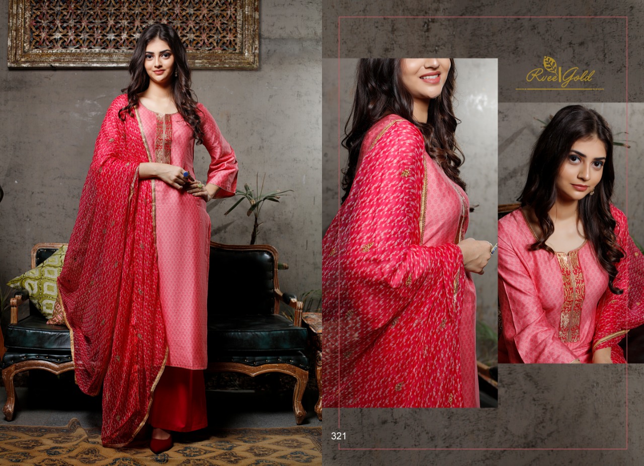 Festive Crush By Rvee Gold 314 To 321 Series Beautiful Suits Colorful Stylish Fancy Casual Wear & Ethnic Wear Jam Satin With Work Dresses At Wholesale Price