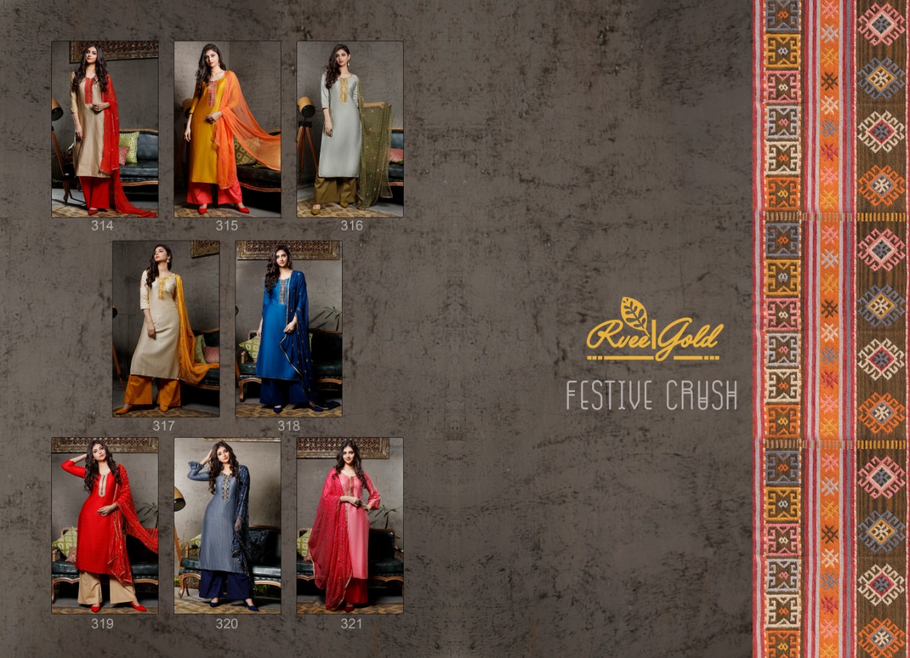 Festive Crush By Rvee Gold 314 To 321 Series Beautiful Suits Colorful Stylish Fancy Casual Wear & Ethnic Wear Jam Satin With Work Dresses At Wholesale Price