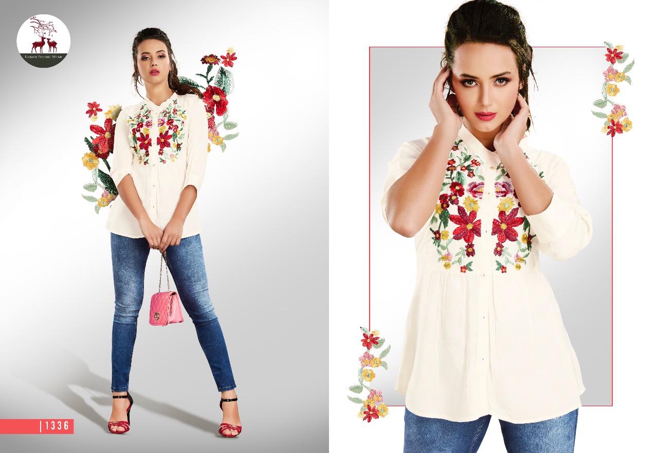 Fiona Vol-3 Nx By Mrigya 1335 To 1343 Series Stylish Colorful Fancy Beautiful Casual Wear & Ethnic Wear Heavy Rayon Embroidered Kurtis/ Tops At Wholesale Price