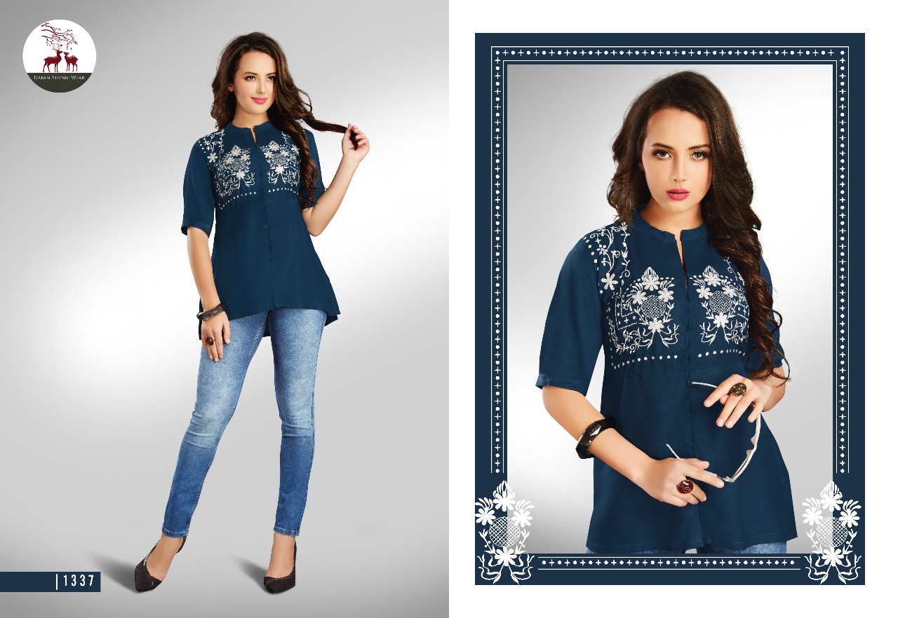 Fiona Vol-3 Nx By Mrigya 1335 To 1343 Series Stylish Colorful Fancy Beautiful Casual Wear & Ethnic Wear Heavy Rayon Embroidered Kurtis/ Tops At Wholesale Price