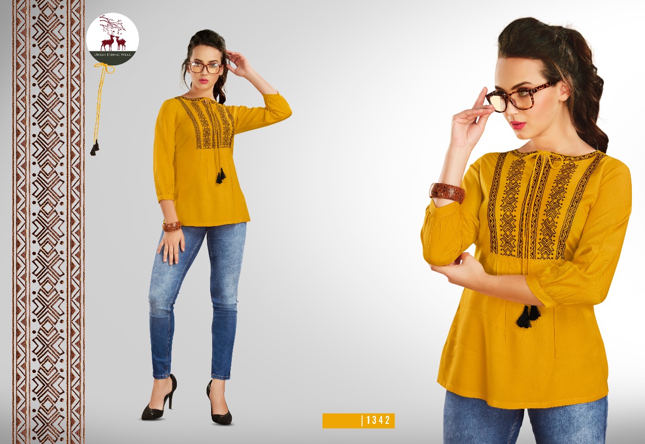 Fiona Vol-3 Nx By Mrigya 1335 To 1343 Series Stylish Colorful Fancy Beautiful Casual Wear & Ethnic Wear Heavy Rayon Embroidered Kurtis/ Tops At Wholesale Price