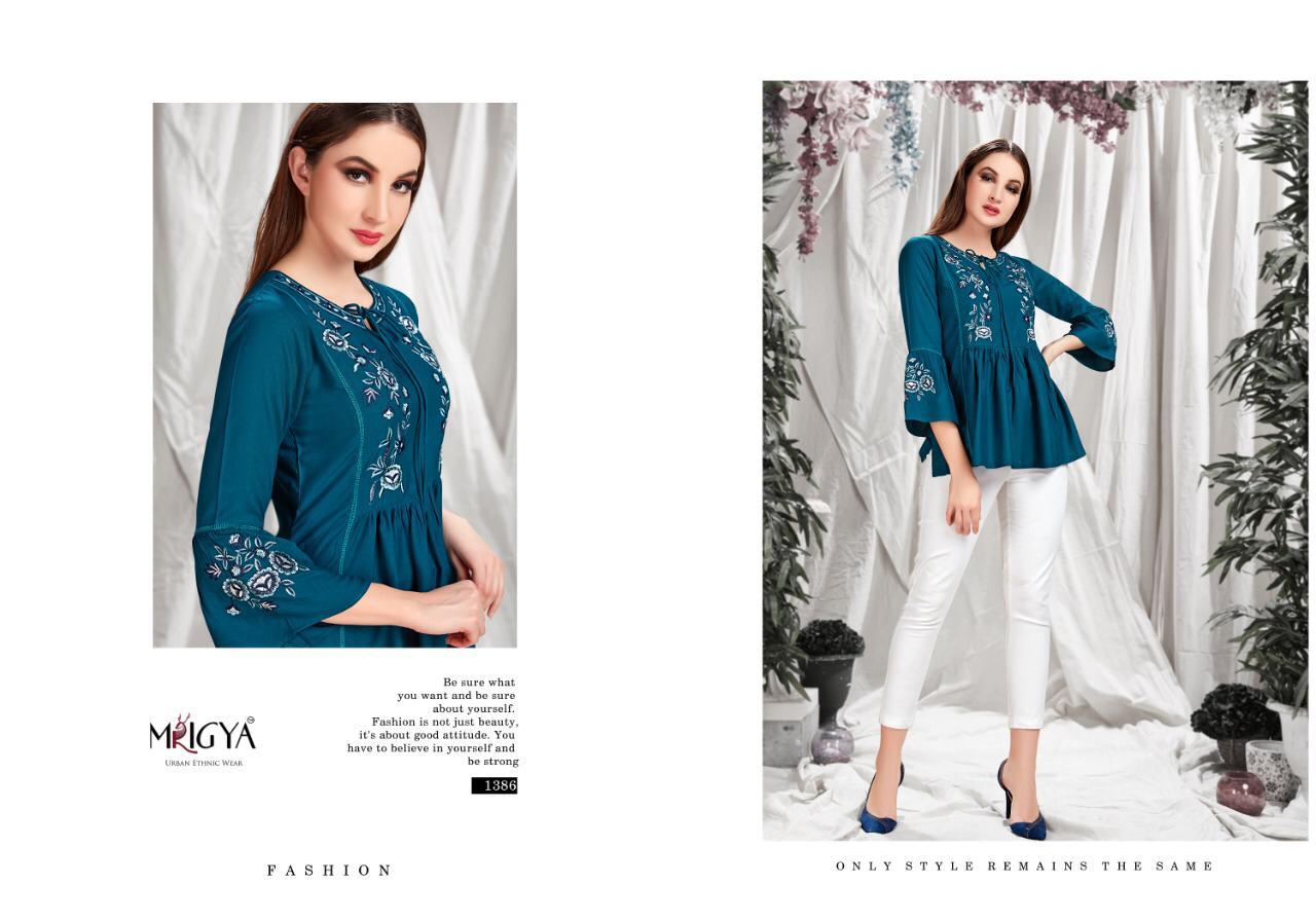 Fiona Vol-6 Nx By Mrigya 1386 To 1391 Series Beautiful Colorful Stylish Fancy Casual Wear & Ethnic Wear & Ready To Wear Rayon Embroidered Kurtis/ Tops At Wholesale Price