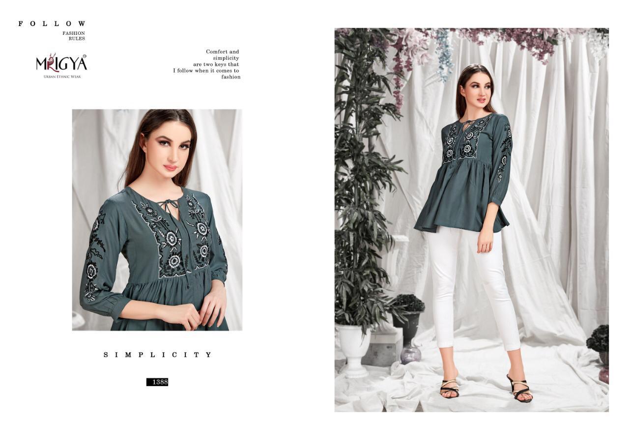 Fiona Vol-6 Nx By Mrigya 1386 To 1391 Series Beautiful Colorful Stylish Fancy Casual Wear & Ethnic Wear & Ready To Wear Rayon Embroidered Kurtis/ Tops At Wholesale Price