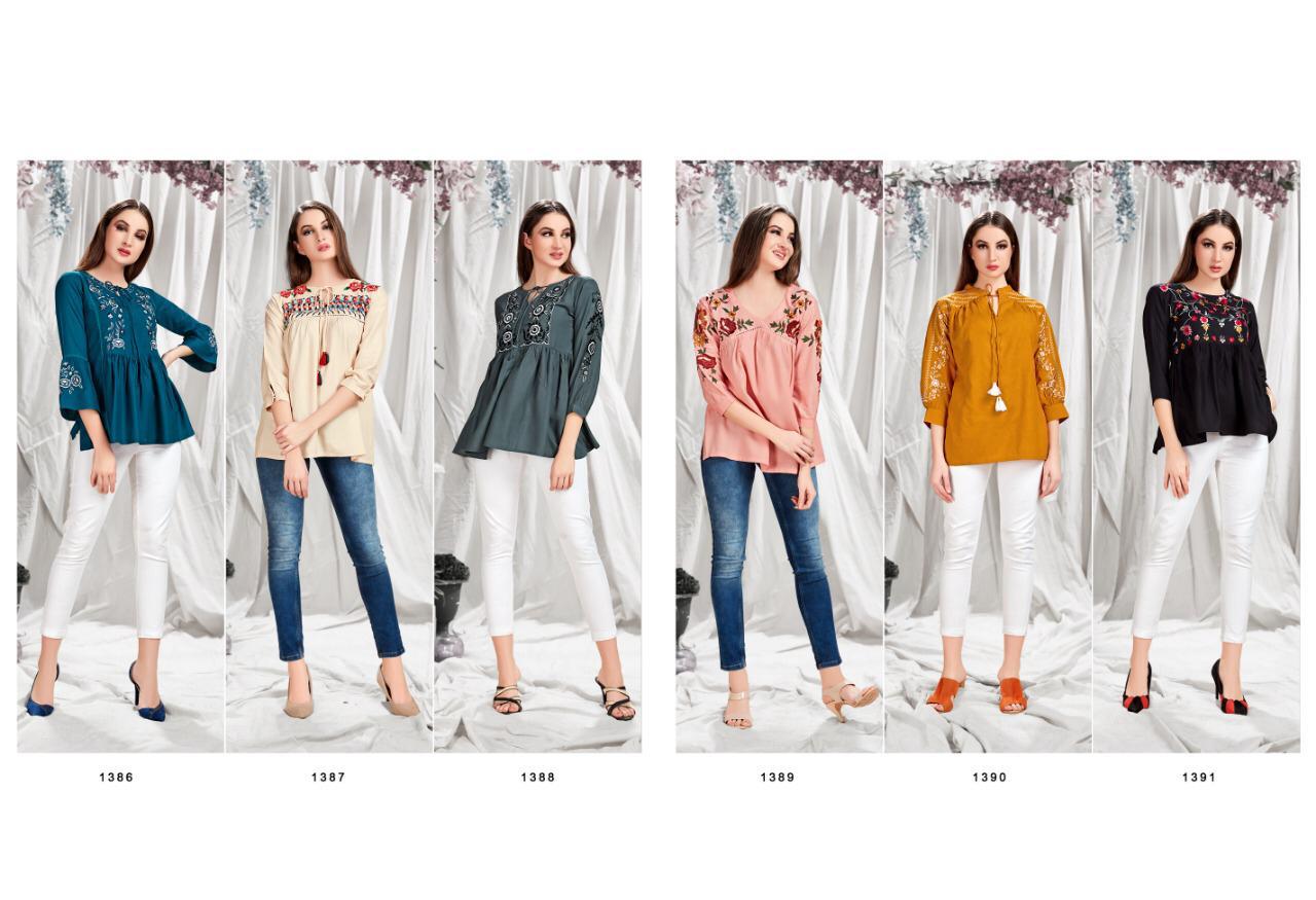 Fiona Vol-6 Nx By Mrigya 1386 To 1391 Series Beautiful Colorful Stylish Fancy Casual Wear & Ethnic Wear & Ready To Wear Rayon Embroidered Kurtis/ Tops At Wholesale Price