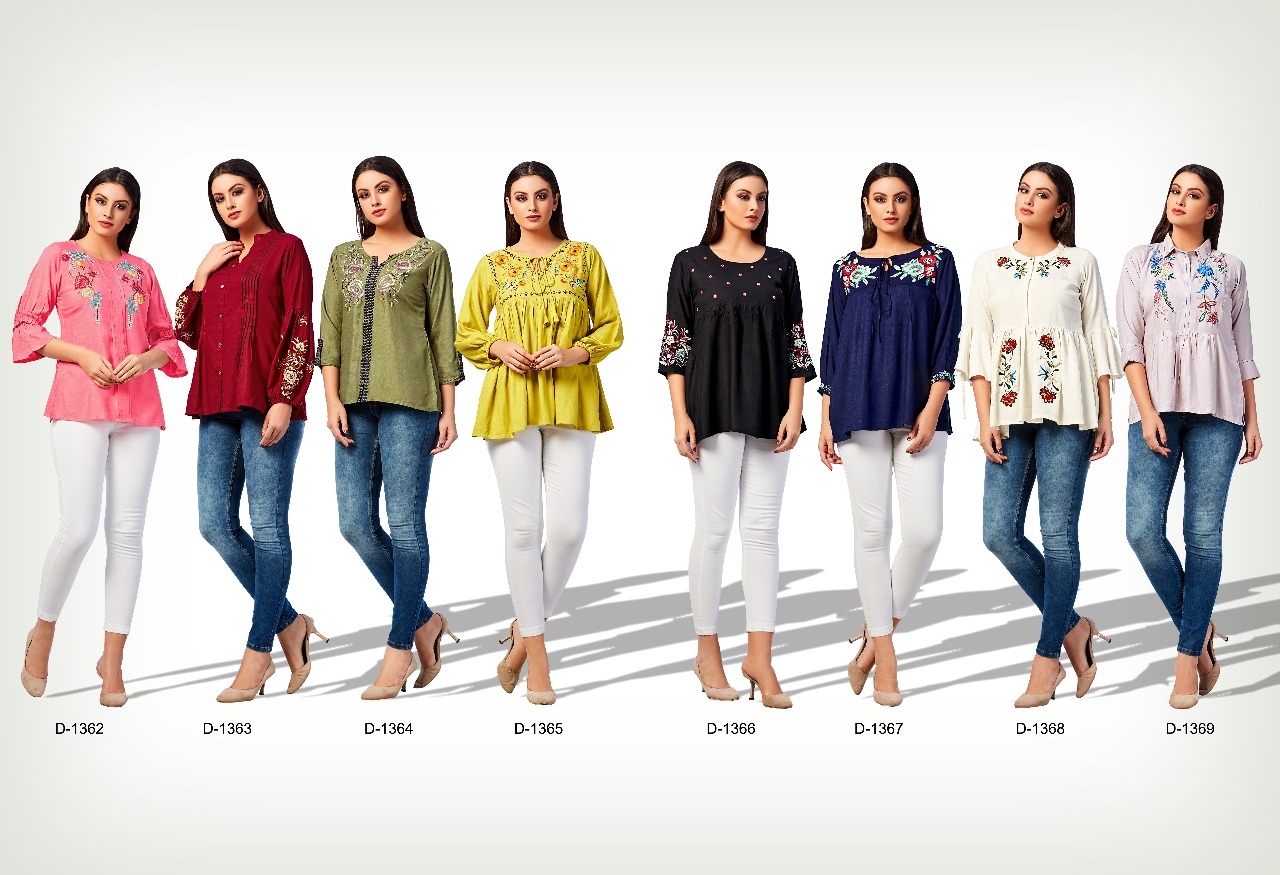 Fiona Vol-4 Nx By Mrigya 1362 To 1369 Series Beautiful Stylish Fancy Colorful Casual Wear & Ready To Wear & Ethnic Wear Heavy Rayon Embroidered Tops At Wholesale Price