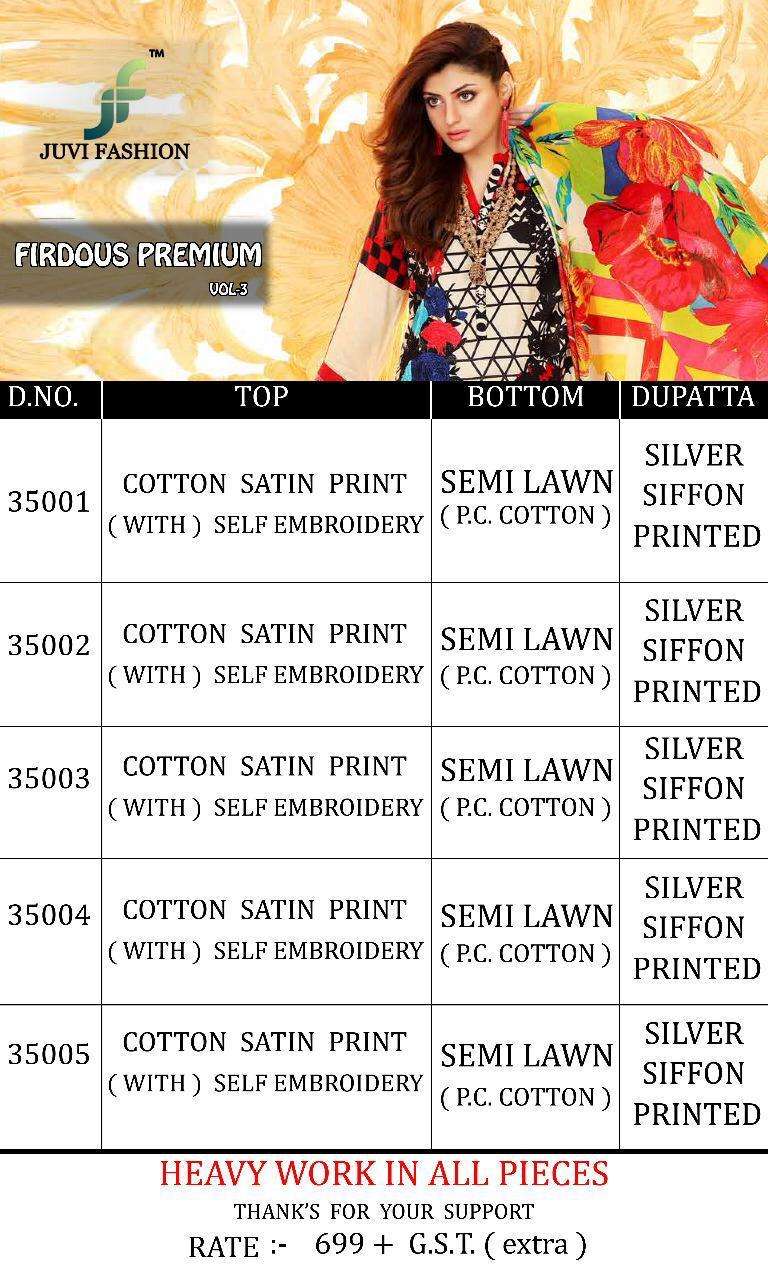 Firdous Premium Vol-3 By Juvi Fashion 35001 To 35005 Series Beautiful Suits Stylish Fancy Colorful Party Wear & Ethnic Wear Cotton Satin Print Dresses At Wholesale Price