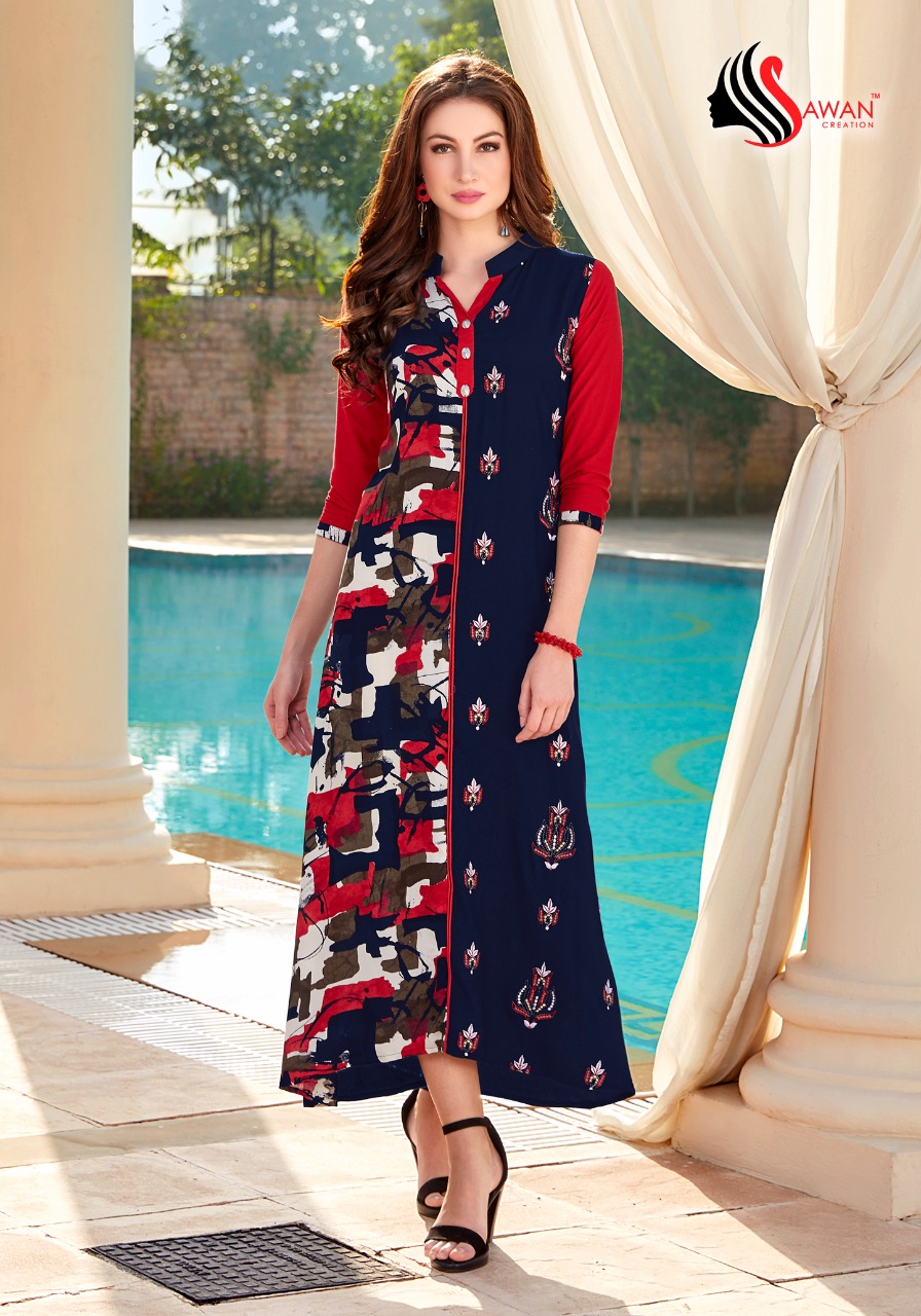Fiza Vol-3 By Sawan Creation 3001 To 3010 Series Beautiful Colorful Stylish Fancy Casual Wear & Ethnic Wear & Ready To Wear Heavy Rayon Printed Kurtis At Wholesale Price