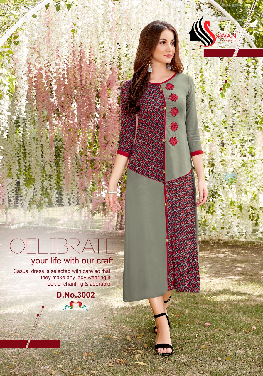 Fiza Vol-3 By Sawan Creation 3001 To 3010 Series Beautiful Colorful Stylish Fancy Casual Wear & Ethnic Wear & Ready To Wear Heavy Rayon Printed Kurtis At Wholesale Price