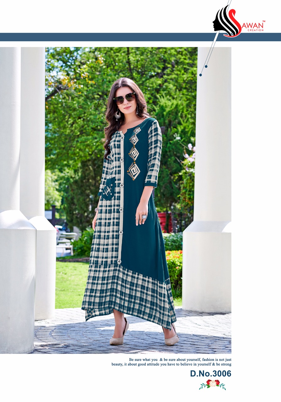 Fiza Vol-3 By Sawan Creation 3001 To 3010 Series Beautiful Colorful Stylish Fancy Casual Wear & Ethnic Wear & Ready To Wear Heavy Rayon Printed Kurtis At Wholesale Price