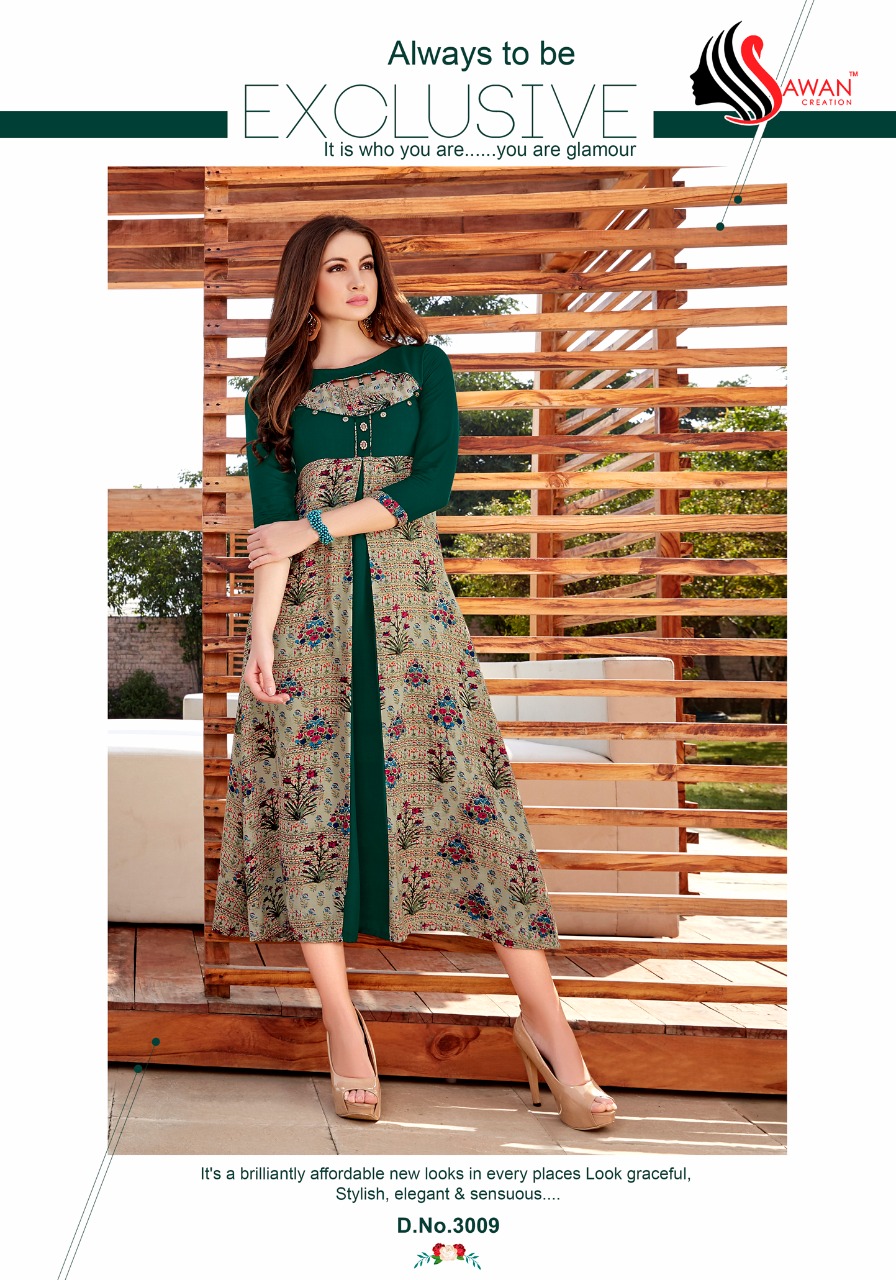 Fiza Vol-3 By Sawan Creation 3001 To 3010 Series Beautiful Colorful Stylish Fancy Casual Wear & Ethnic Wear & Ready To Wear Heavy Rayon Printed Kurtis At Wholesale Price
