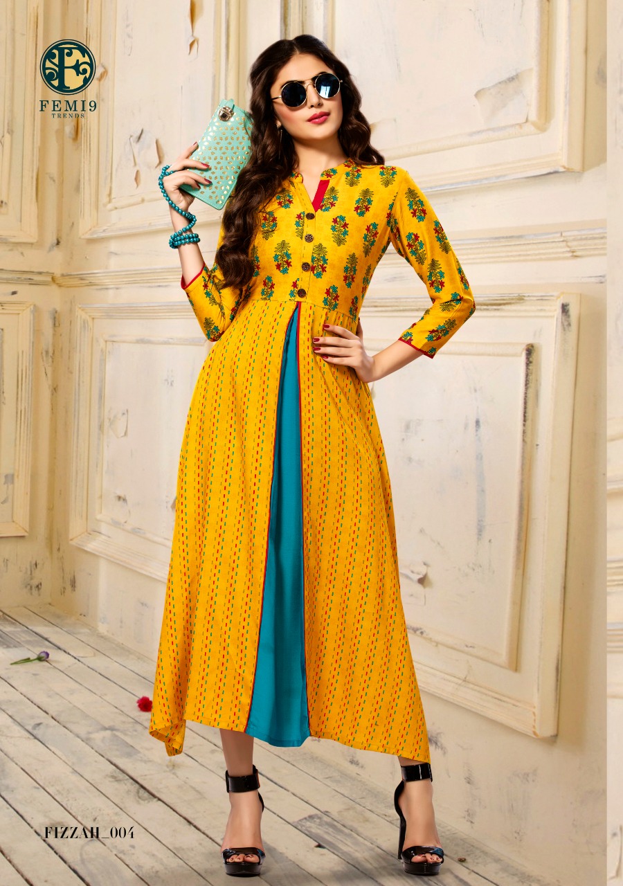 Fizzah By Femi9 Trends 001 To 010 Series Beautiful Colorful Stylish Fancy Casual Wear & Ethnic Wear & Ready To Wear Heavy Rayon Printed & Embroidered Kurtis At Wholesale Price