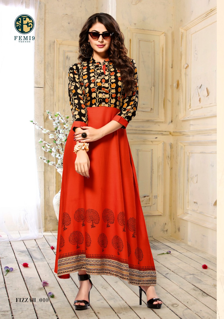 Fizzah By Femi9 Trends 001 To 010 Series Beautiful Colorful Stylish Fancy Casual Wear & Ethnic Wear & Ready To Wear Heavy Rayon Printed & Embroidered Kurtis At Wholesale Price