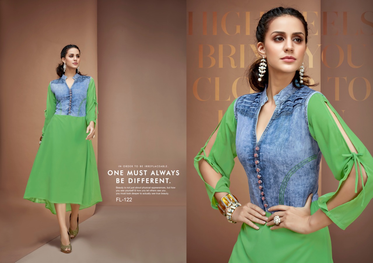 Flashy Vol-3 By Diva Designs 120 To 126 Series Beautiful Colorful Stylish Fancy Casual Wear & Ethnic Wear & Ready To Wear Pure Cotton Denim Kurtis At Wholesale Price