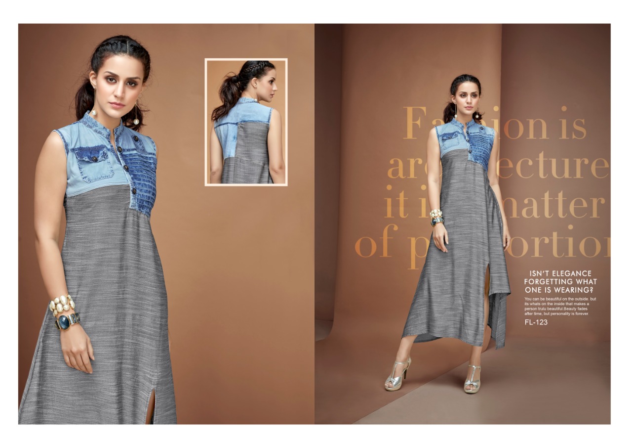 Flashy Vol-3 By Diva Designs 120 To 126 Series Beautiful Colorful Stylish Fancy Casual Wear & Ethnic Wear & Ready To Wear Pure Cotton Denim Kurtis At Wholesale Price