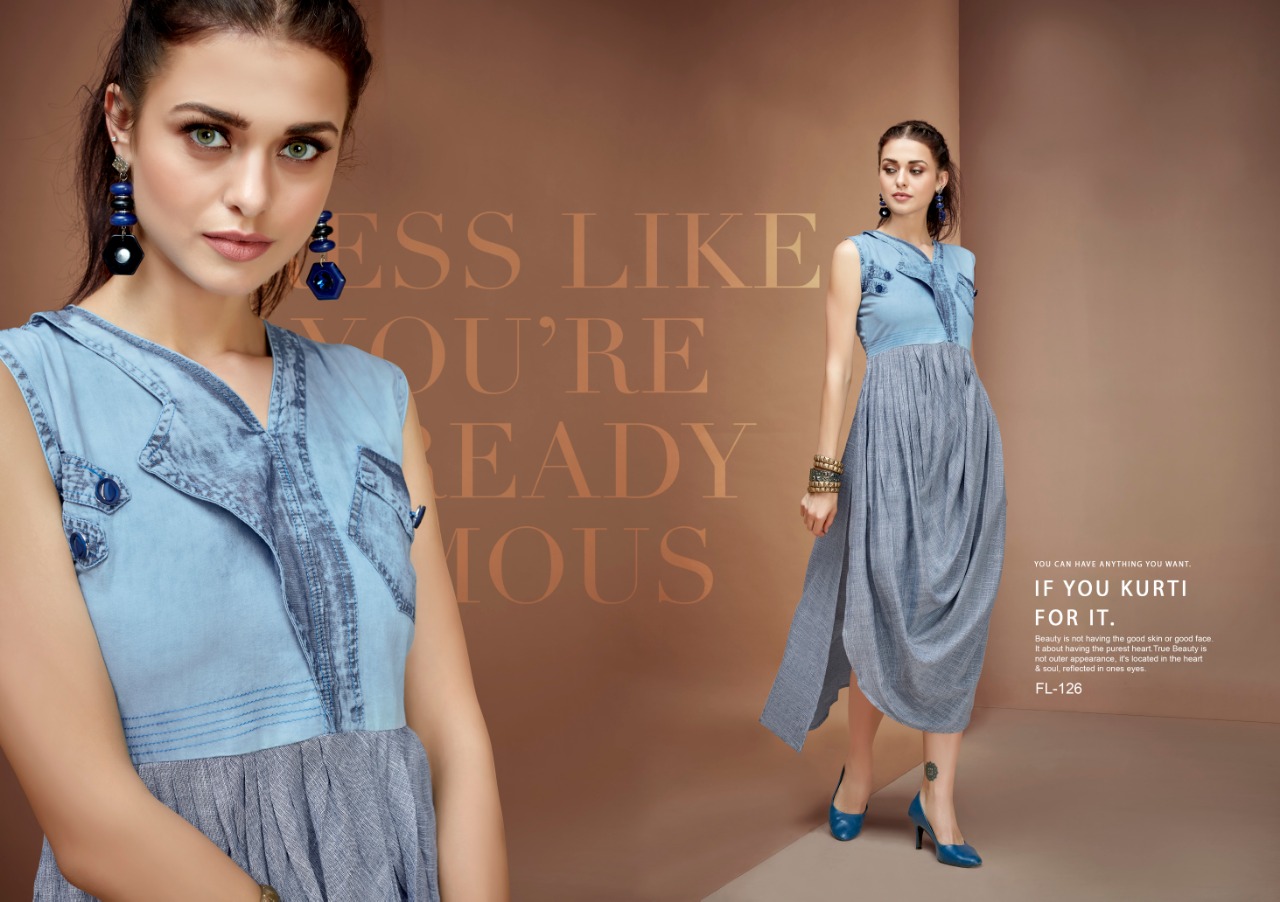 Flashy Vol-3 By Diva Designs 120 To 126 Series Beautiful Colorful Stylish Fancy Casual Wear & Ethnic Wear & Ready To Wear Pure Cotton Denim Kurtis At Wholesale Price