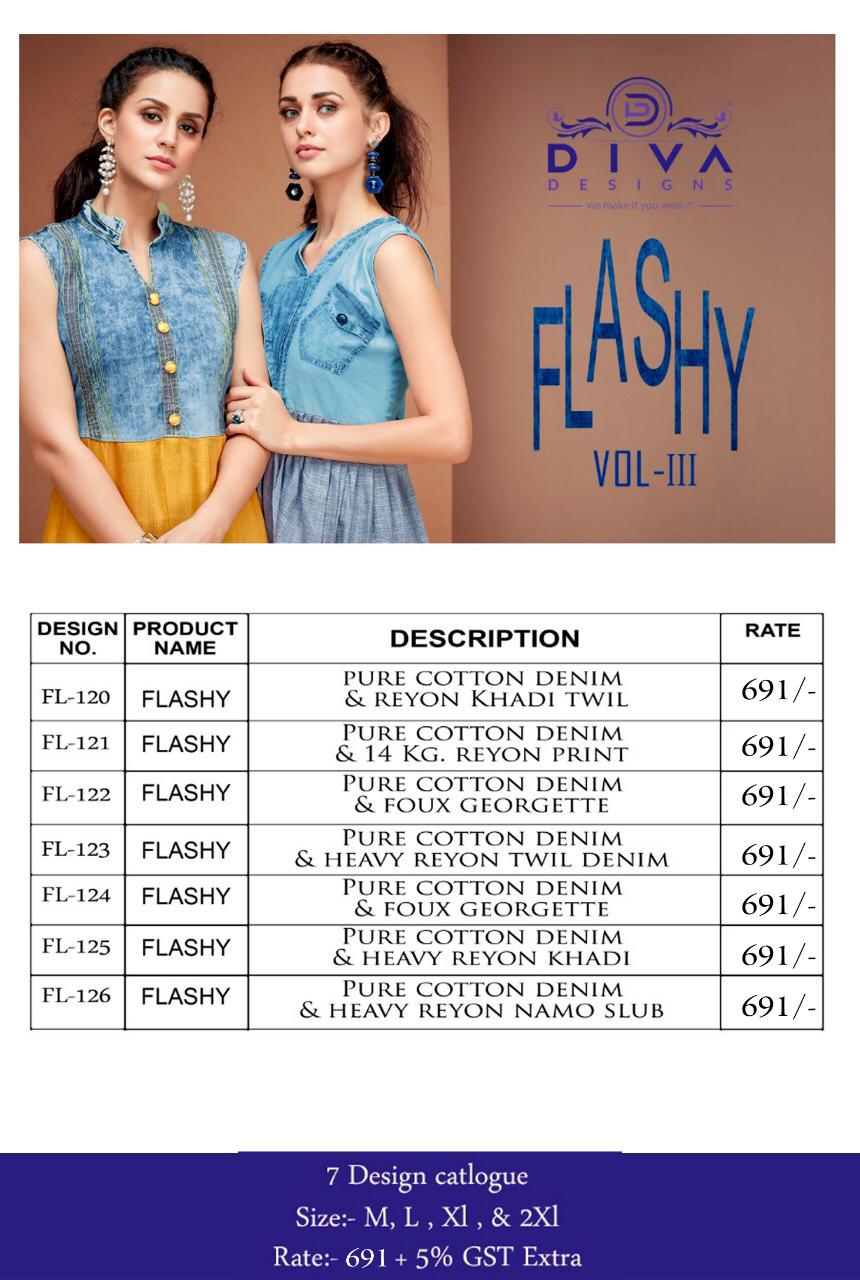 Flashy Vol-3 By Diva Designs 120 To 126 Series Beautiful Colorful Stylish Fancy Casual Wear & Ethnic Wear & Ready To Wear Pure Cotton Denim Kurtis At Wholesale Price