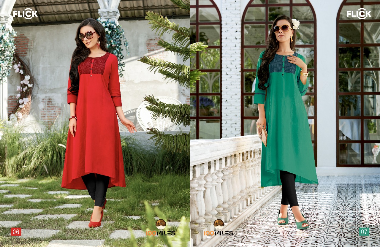 Flick By 100 Miles 01 To 08 Series Beautiful Stylish Fancy Colorful Casual Wear & Ethnic Wear Cotton Embroidered Kurtis At Wholesale Price